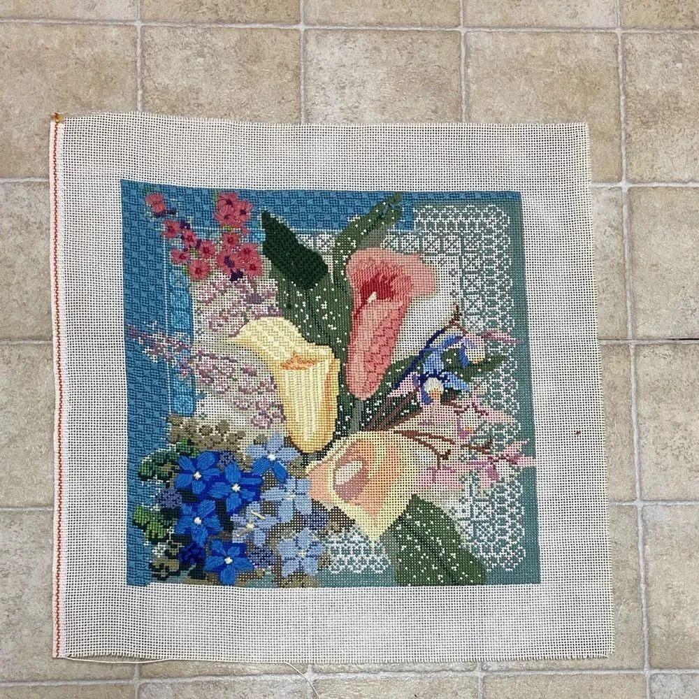 Floral Needlepoint Canvas with Calla Lilies and Blue Blooms